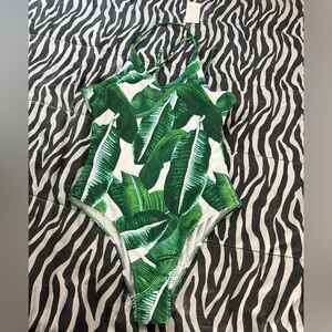Ekouaer Tropical Leaf Green & White One-Piece Swimsuit sz Large New with Tags